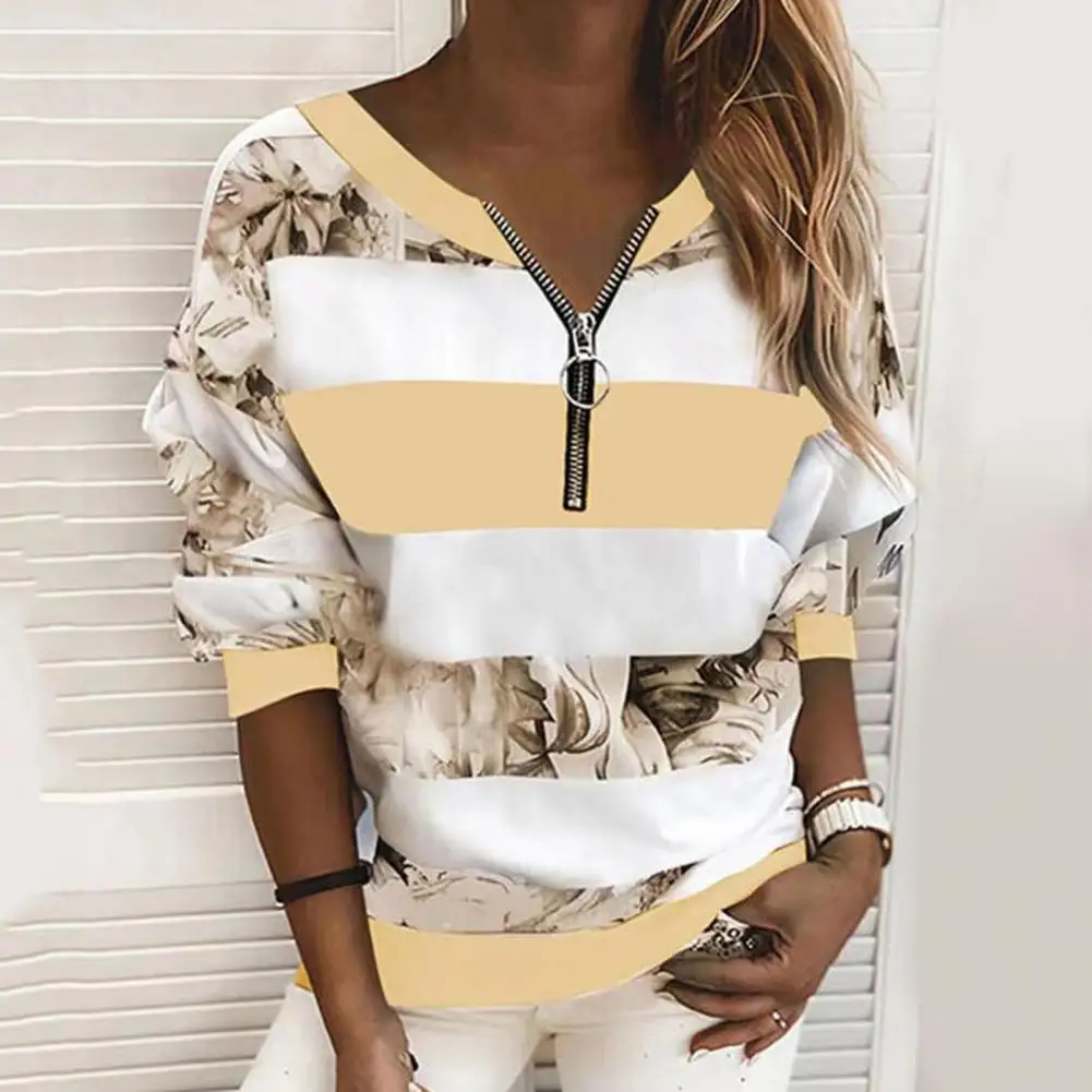 

Trendy Pullover Sweatshirt V-neck Soft Breathable Autumn Winter Zipper Collar Casual Sweatshirt Top