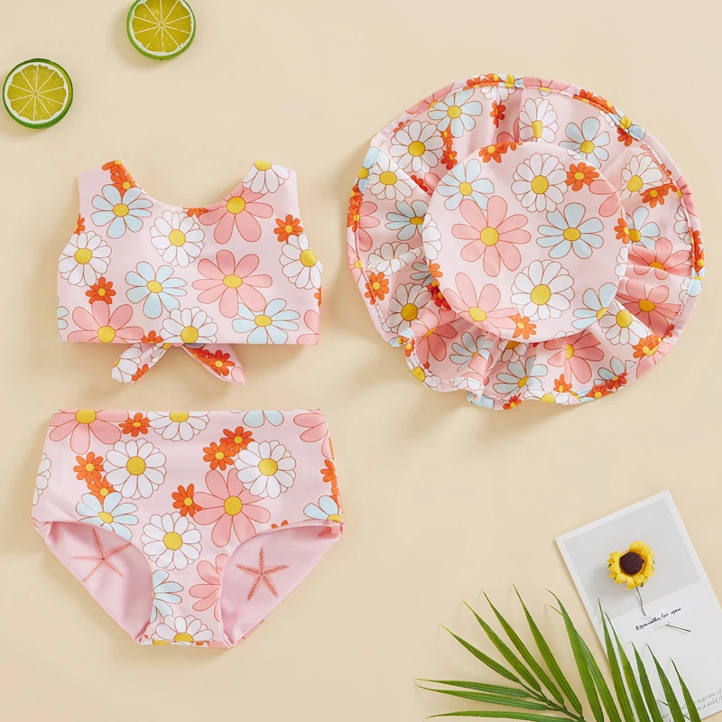 3PCS Toddler Girls Swimwear Sets Sleeveless Bow Tank Tops + Floral PP Shorts + Hat Summer Bathing Suit Beach Bikini Set