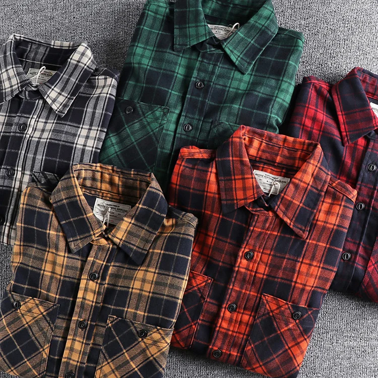 American Casual Wear Men Plaid Shirt Fashion Thickened Double Pocket Work Clothes Long Sleeved Shirt Male Tops Clothes