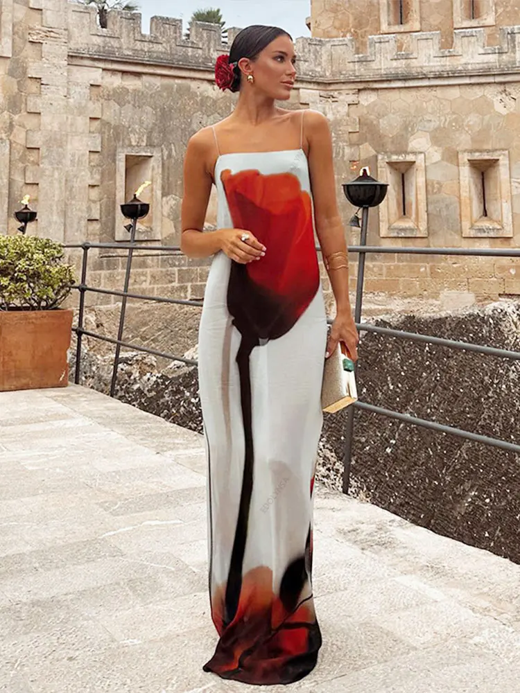 

2023 Sexy Perspective One-line Neckline Waisted Temperament Long Dress Elegant Spaghetti Straps Sleeveless Maxi Dresses A2698