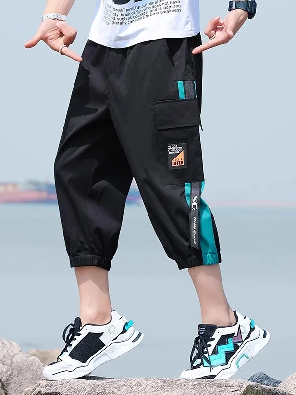 

Ice Silk Seven-Foot Pants Men's Summer Workwear orts Thin Casual Loose Sports Beach Mid-Pants Elastic Waist Casual Pants