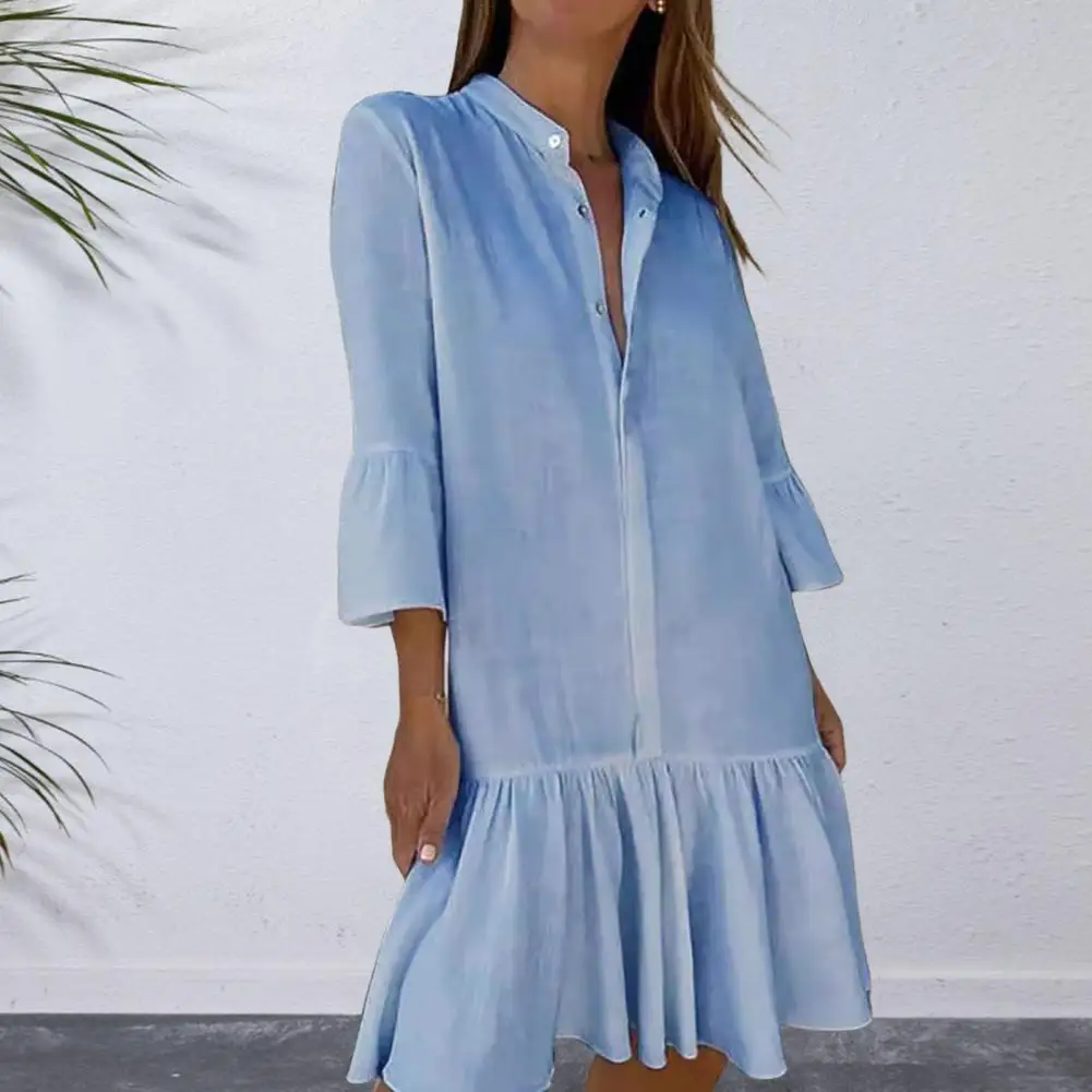 

Summer Women's Dress Stand Collar Ruffled Hem Patchwork Solid Color Loose Semi-Single Breasted Date Commuting Dress
