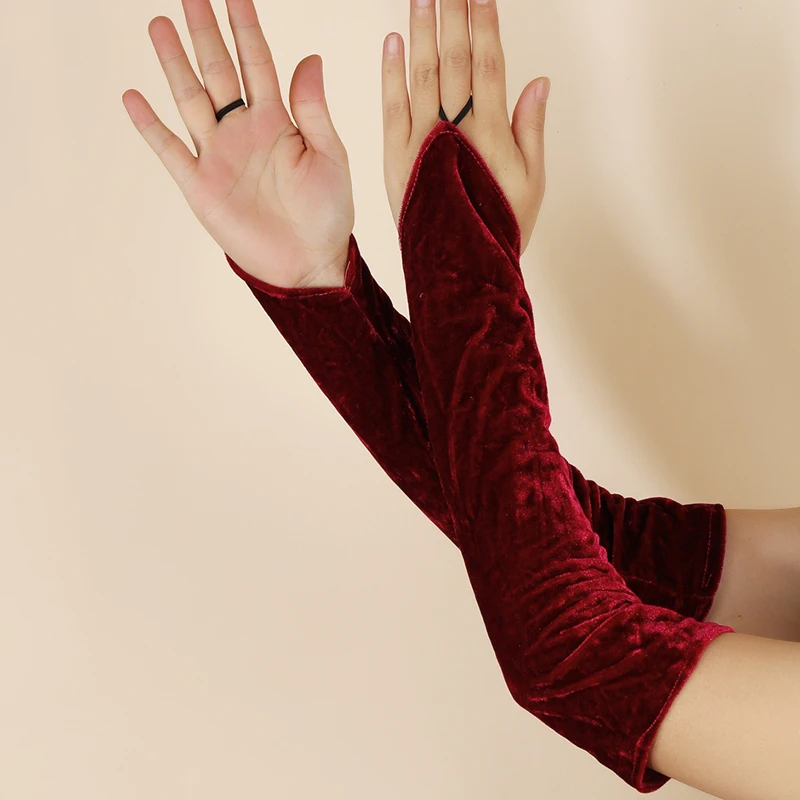 

Long Warm Velvet Half Finger Gloves Autumn Winter Red Fingerless Elastic Party Gloves For Women