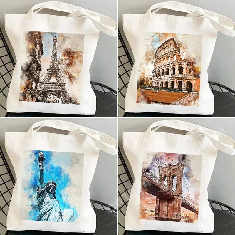 New York Paris London Pizza Shoulder Bag Rome Athens Painting Watercolor Women's Canvas Handbag Tote Environmental Shopping Bag