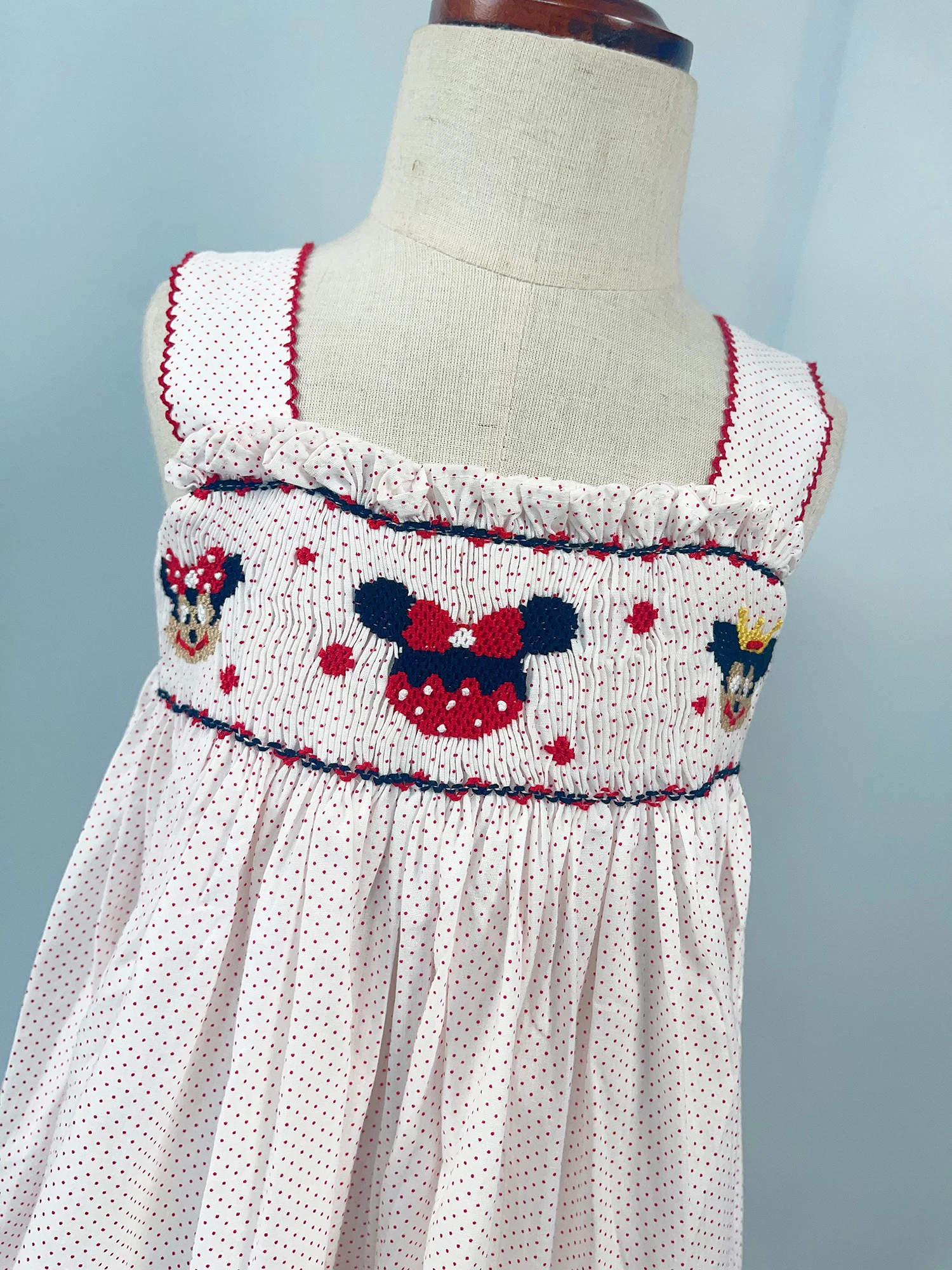 Summer Girls Handmade Smocking Cute Cartoon Mouse Head Clothing Cotton Polka Dot Fabric Dress Bubble Long Shorts Set Temperament