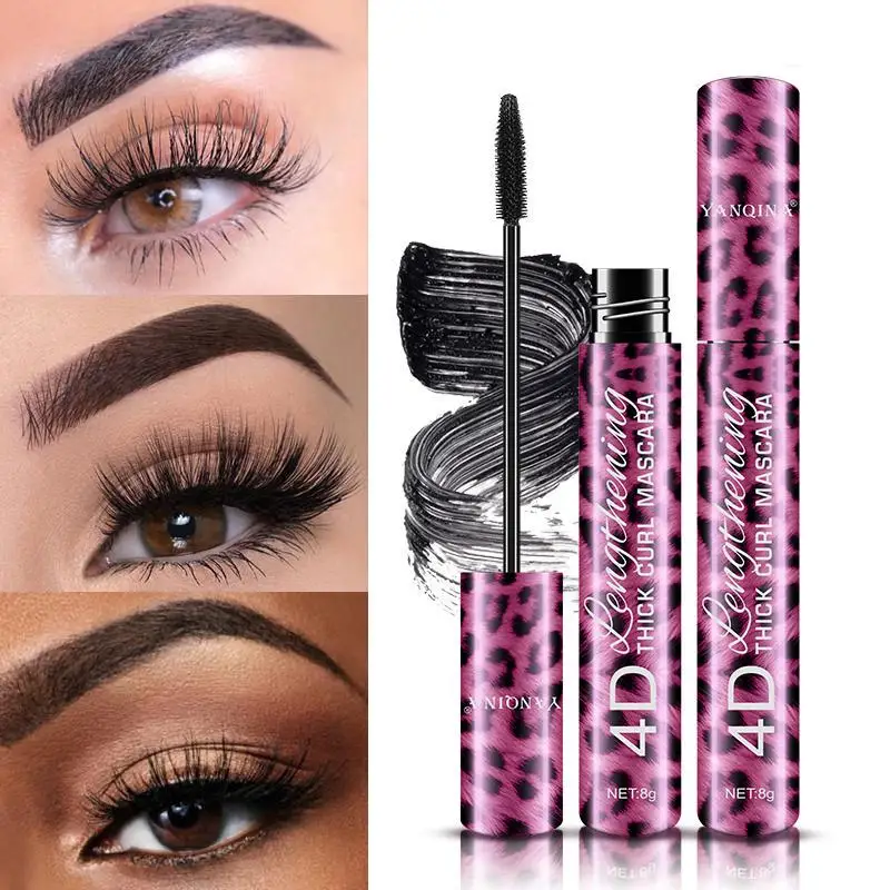Wodoodporny tusz do rzęs 4D z włóknami i czarny eyeliner w pisaku 2 w 1, zestaw dla objętościowych, długich rzęs, efekt dużych oczu, makijaż w stylu leoparda.