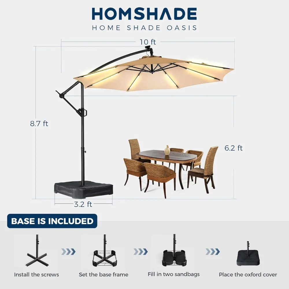 10 ft Offset Patio Umbrella with Solar Lights, LED Lighted Umbrella Outdoor Patio with Base Included, Customized