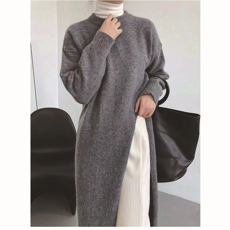 Split Long Sweater Autumn Winter Women Turtleneck Sweaters Loose Black Apricot Thin Maxi Top Pullover Jumpers Y2k Soft Jacket