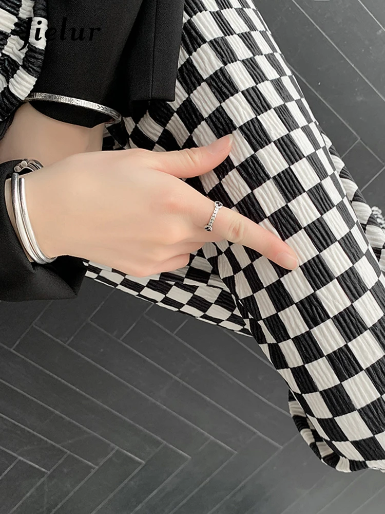 Jielur Checkerboard Plaid Pants for Women Casual Street Hipster Black Trousers Korean Fashion Straight Wide Leg Pants XS-XL