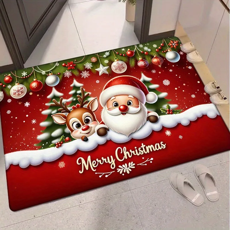 VIKAMA Christmas Santa Reindeer Door Mat Non Slip Absorbent Rug for Entryway Kitchen Holiday Home Decor Washable Floor Mat