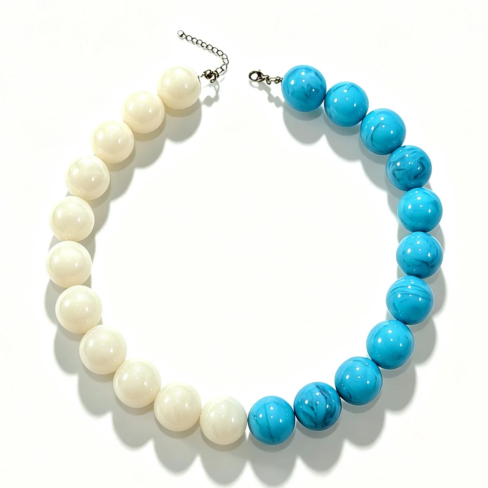 Light Luxury Contrast Resin 20mm Big Bead Necklace Two-Color Gradient Splicing Clavicle Chain Women Retro Exaggerated Party Jewe