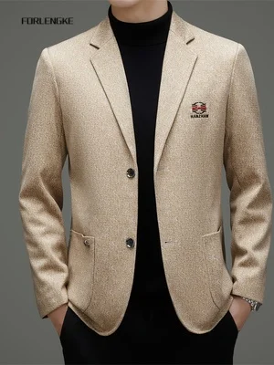 FORLENGKE Men Textured Blazer Jacket Notch Lapel Single Breasted Casual Outerwear Embroidery Pocket Male Slim Fit Coat Autumn Wi