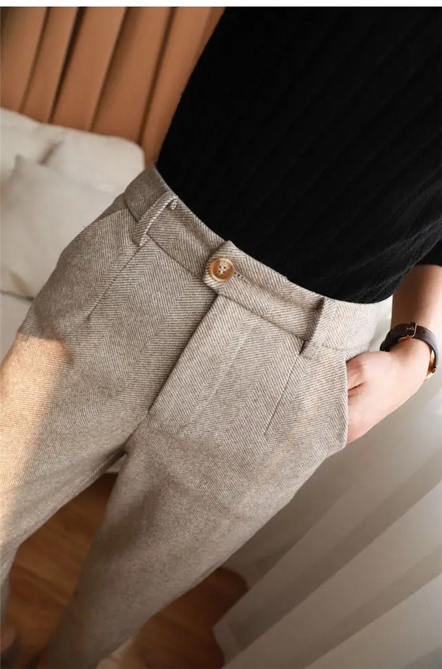 Wool Woolen Harem Trousers Women's Autumn and Winter New High Waist Slimming Ankle-Tied Suit Pants Loose Casual Cigarette Pants