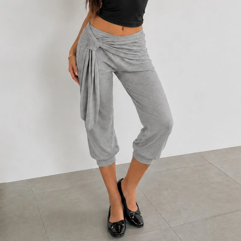 

Typhaland Stylish Cropped Trousers Women Street Lace Up Wrinkled Low-Rise Solid Versatile Casual Trousers Summer Commuting Pants