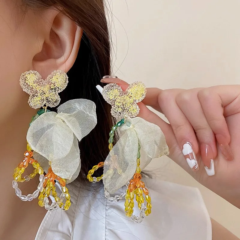 2024 Summer Must-Have Forest Style Earrings - Cute Bow and Butterfly Tassel Dangle Earrings in Yellow Petal