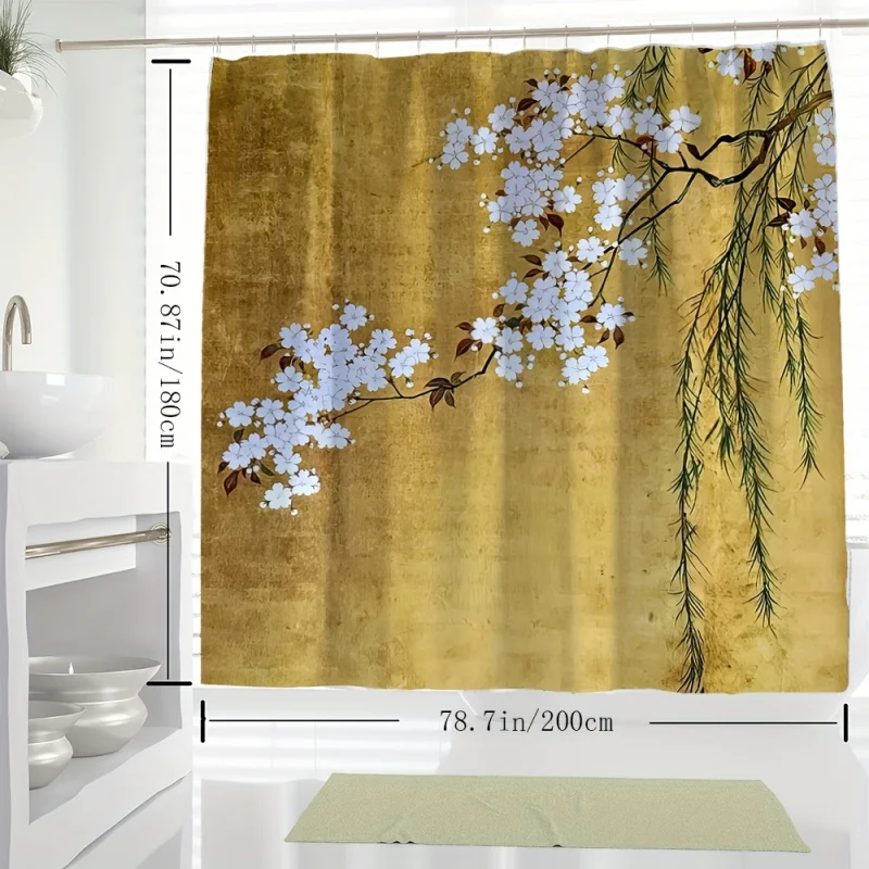 YWJHUI Chinese Style Floral Tree Painting Digital Print Shower Curtain, Water-resistant Polyester with Hook, Machine Washable, K