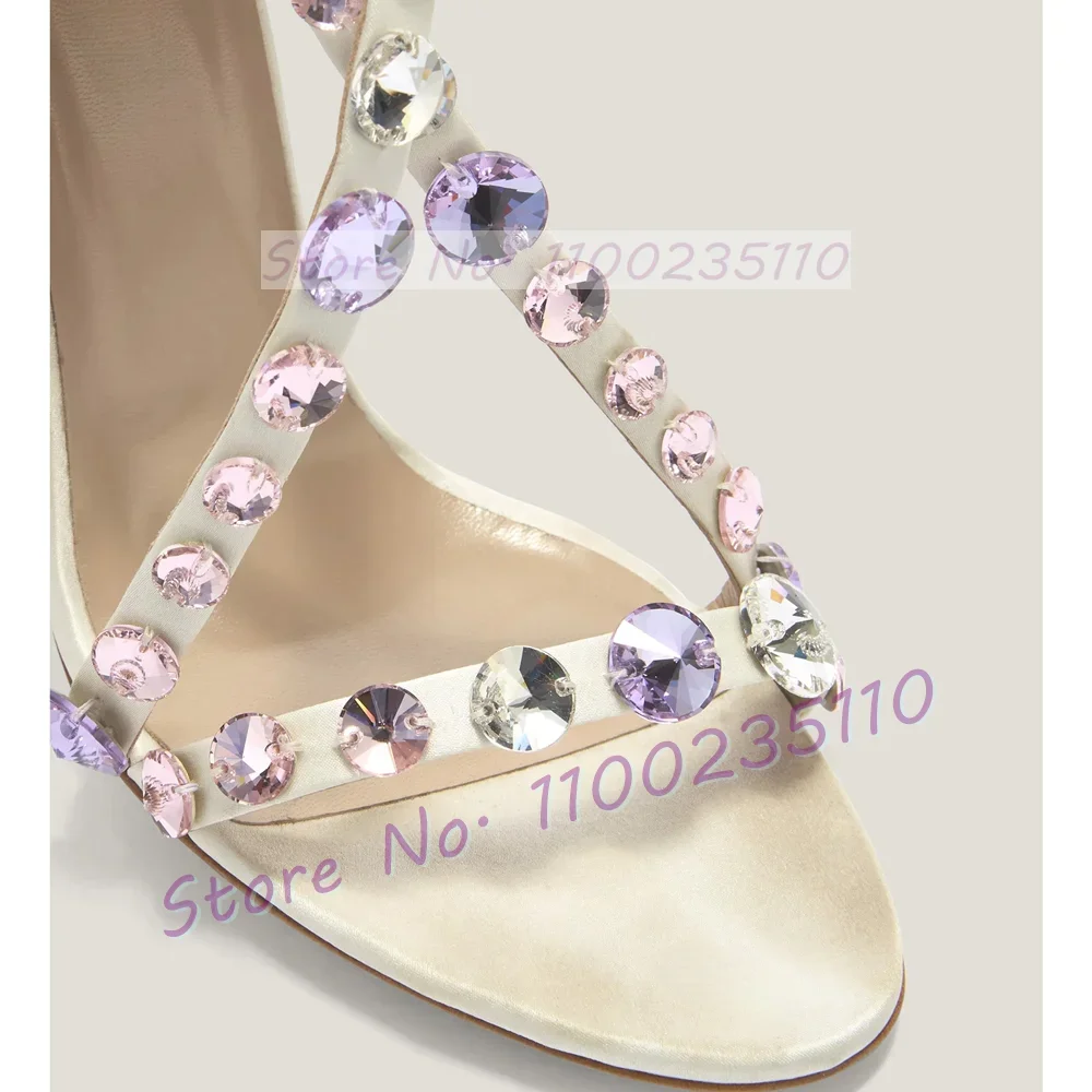 White Satin Sandals With Colorful Round Beads Women Classy High Heels Cross Strap Shoes Summer Luxury Party Cover Heel Shoes view 3