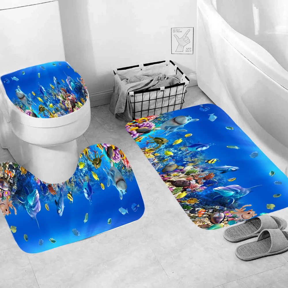 3pcs Dolphin Sea World Shower Bathroom Mat Non Slip Mug Carpet Modern Animals Toilet Seat Lip Cover Bath Home Decor Accessories