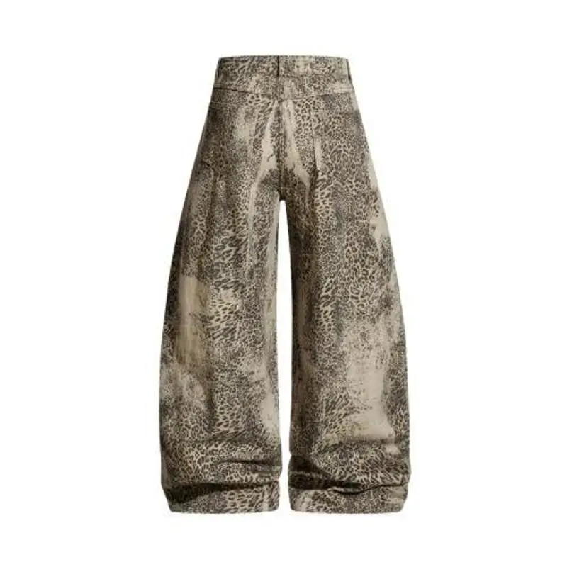 Mr. WH American Retro Leopard Print Jeans Loose Wide Leg Pants Casual Long Trousers for Men And Women Trendy Low Waist Denim