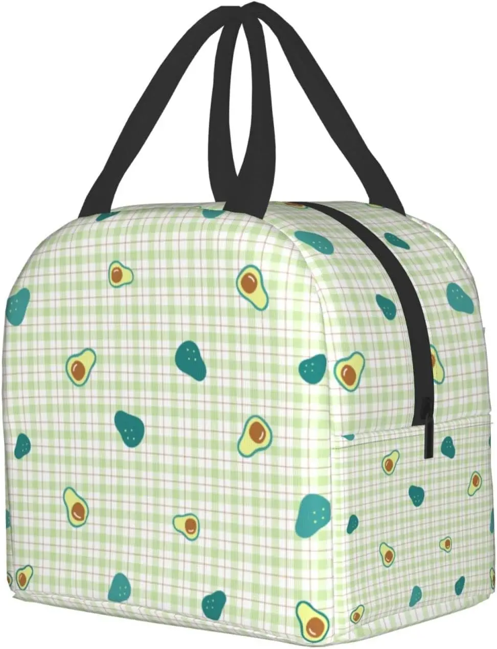 Pastel Green Plaid Lunch Box Bento Box Insulated Lunch Boxes Reusable Waterproof Lunch Bag With Front Pocket For School Office