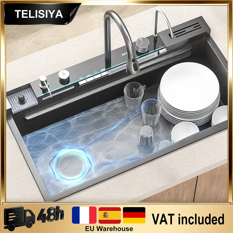 

Waterfall Multifunctional Kitchen Sink Stainless Steel Large Single Slot Digital Display Wash Dishes Basin Undermount Basin