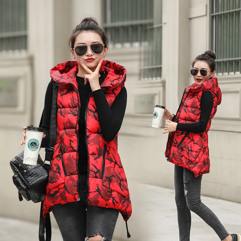 

Women's Hooded Vest 2023 Spring Autumn Thick New Cotton Coats Warm Print Clothes Korean Slim Fashion Pocket Tank Top Female