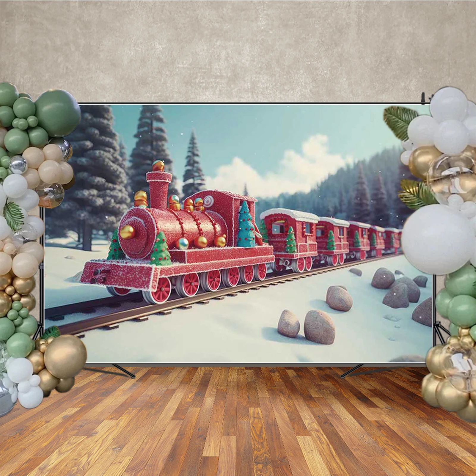 MOON.QG メリークリスマス写真撮影の背景幕レッドトレイン雪の森写真撮影の背景写真壁紙装飾 Photozone