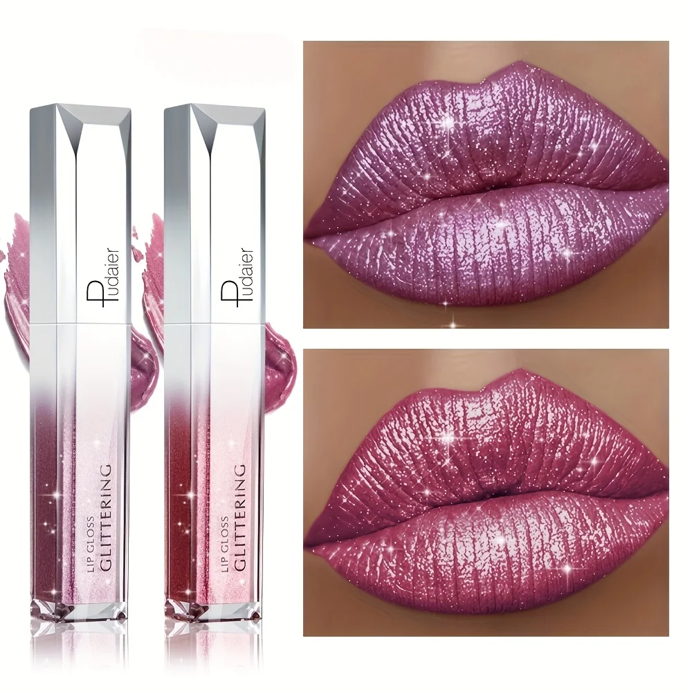 2PCS 글리터 립글로스 세트-매트 & 샤이니, 방수, 오래 지속, 끈적이지 않음, 비건 립글로스 결혼식, 파티, 데일리 메이크업용