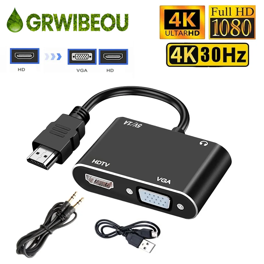 2-in-1 4K@30HZ HDTV VGA+HDTV Adapter Converter Suitable for desktop Computers Laptops Monitors Projectors HDTV Plug and Play
