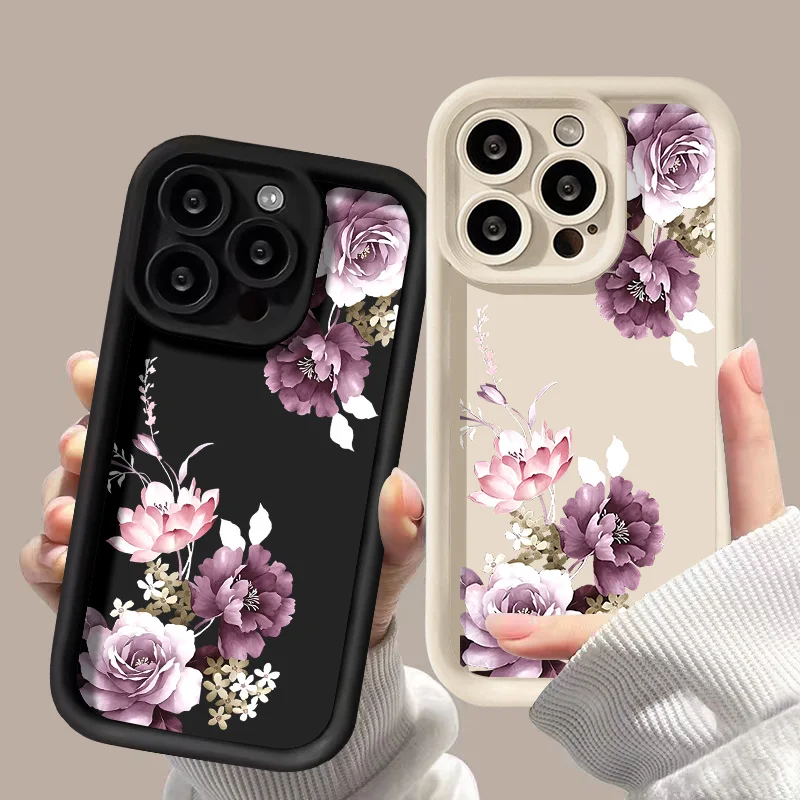 Purple Peony Cover For iPhone 15 Pro Max Case iPhone 16 11 12 13 14 X XR XS Max 7 8 Plus SE 2020 2022 Soft Silicone Phone Bumper