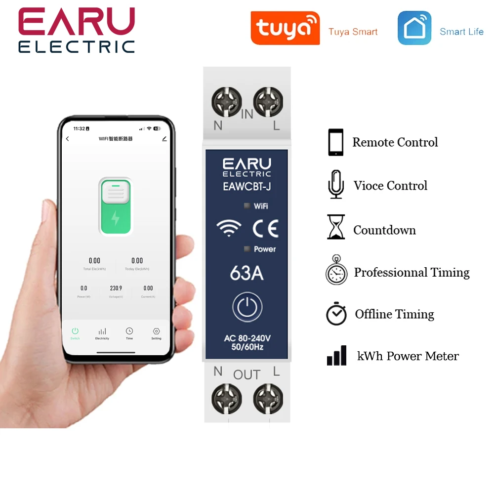 1P 1P+N WiFi Smart Circuit Breaker Voltage Energy Power kWh Meter Time Relay Switch Voice Remote Control by Tuya Smart Life App