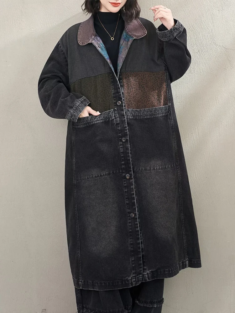 Amax LuluE 春 ブリティッシュ ヴィンテージ パッチワーク トレンチコート レディース 2026 クラシック デニム ウィンドブレーカー レディース ルーズ カジュアル ロングコート