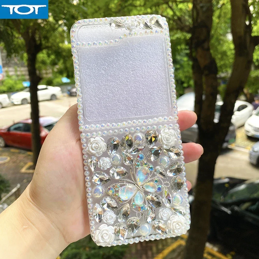 

Чехол для телефона с блестящей бриллиантовой бабочкой для Samsung Galaxy Z Flip 6 5 4 3, милые цветы, лазерный жемчуг, кристалл, стразы, задняя крышка из ПК