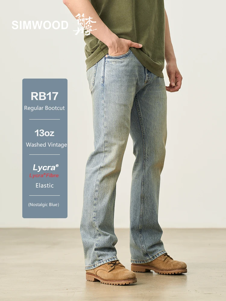 

SIMWOOD High Standard 2025 Spring Summer New Regular Bootcut 13oz Elastic Fabric Jeans Men Washed Vintage Denim Trousers