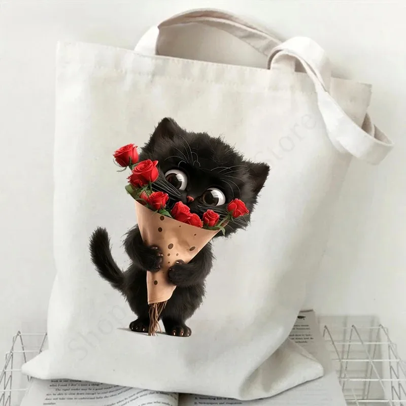Cute Black Cat with Flowers Coffee Pattern Canvas Tote Bag Shoulder Bag Charming Accessory for Shopping Daily Use Cat Lovers