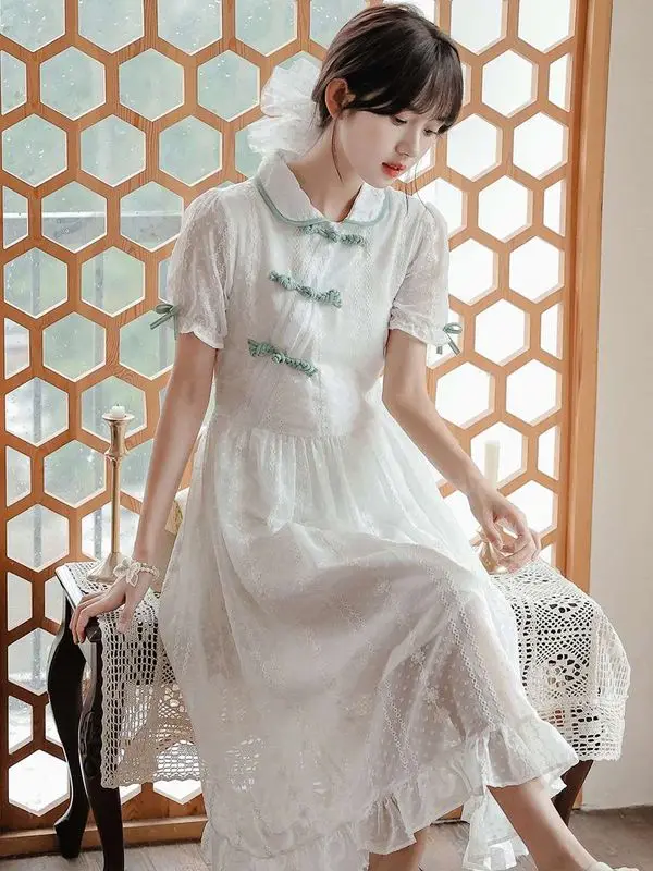 

Vintage Improved Summer Long Dr Laceup High Waist A-Line Skirt Cotton Bell Sve ort Sve Floral Print Ciwalk Dr