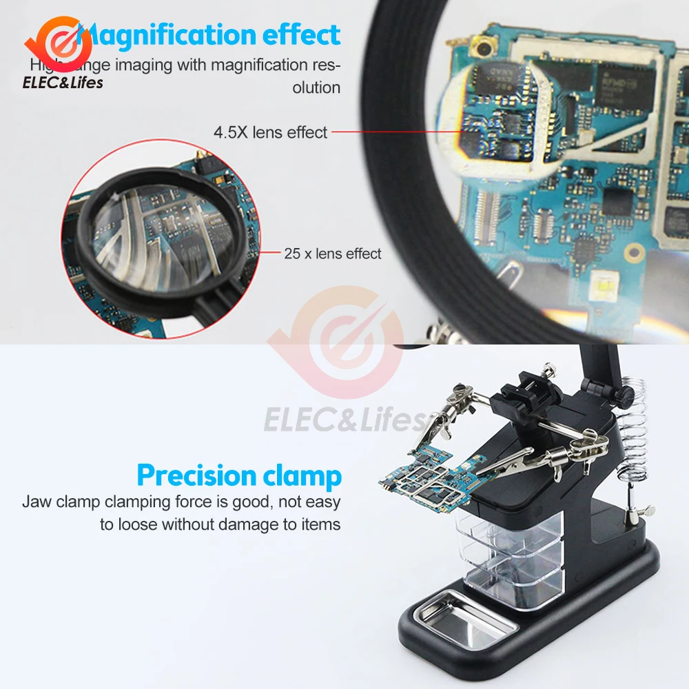 Multi-functional Welding LED Magnifier 3/4.5/25X Magnifying Glass Alligator Clip Holder Clamp Helping Hand Soldering Repair Tool