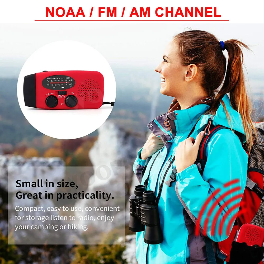 Mini Solar Powered Radio AM/FM/NOAA Weather Dynamo LED Flashlight Waterproof Outdoor Use Multifunctional Hand Radios Solar Crank