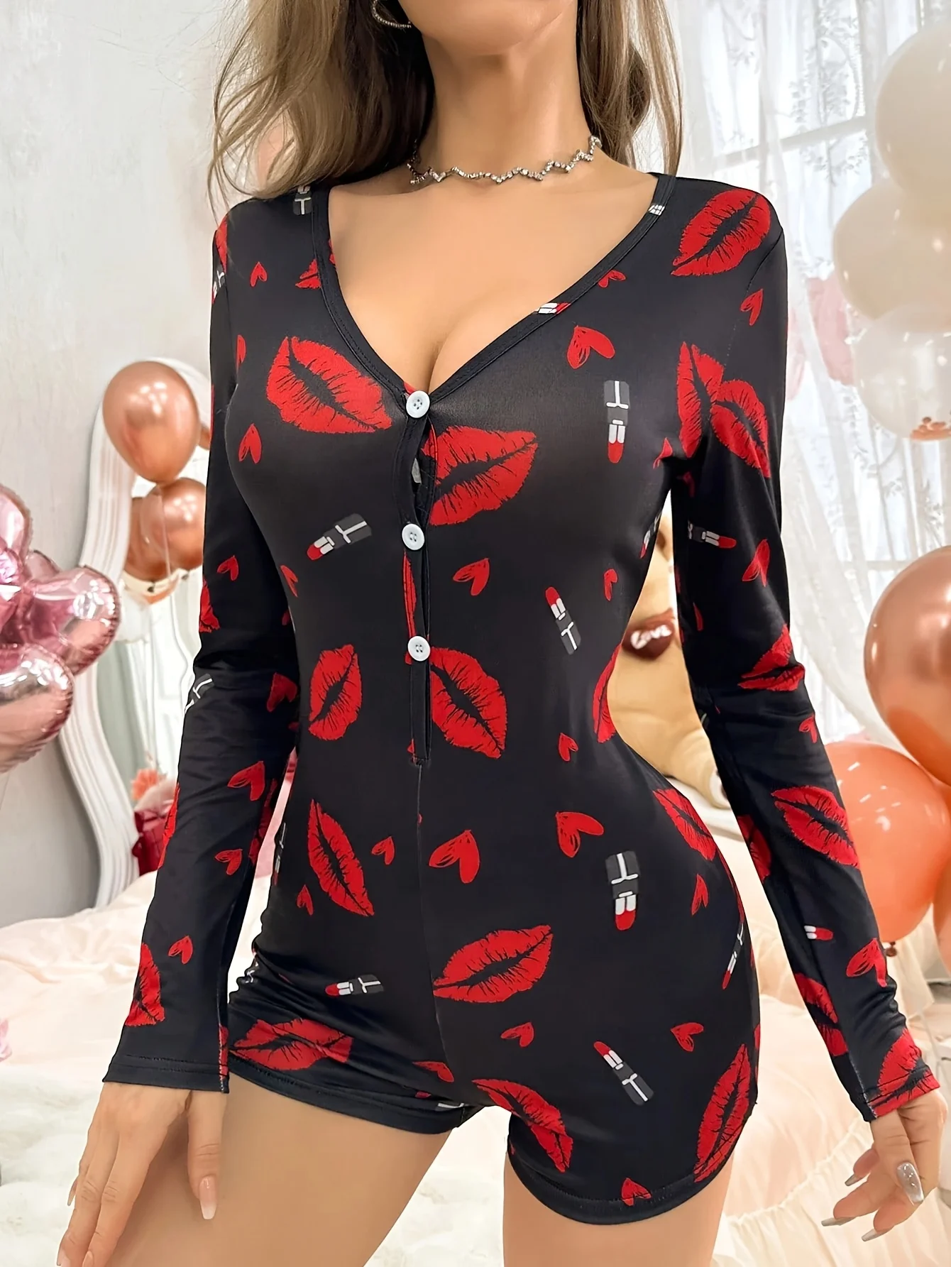 Women's Sexy Onesies Casual Bodysuit Red Lips Print V-neck Front Button Long Sleeve Jumpsuit Pajamas Sleepwear Lounge