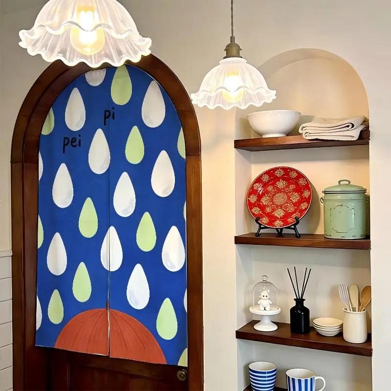 VIKAMA Fun Hand‑drawn Raindrop Noren Split Door Curtain Room Divider Privacy Curtain for Kitchen Entryway Home Decor