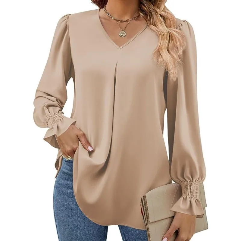 Blusas Women New Solid Color Chiffon Shirt V-neck Pullover Flared Long Sleeved Top Shirt Office Lady Elegant Khaki Loose Blouses