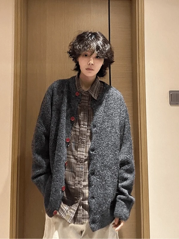 

Вязаный свитер в американском стиле ретро с глубокими глазами, мужской корейский ленивый элитный открытый кардиган, верхняя одежда на осень, повседневная мода