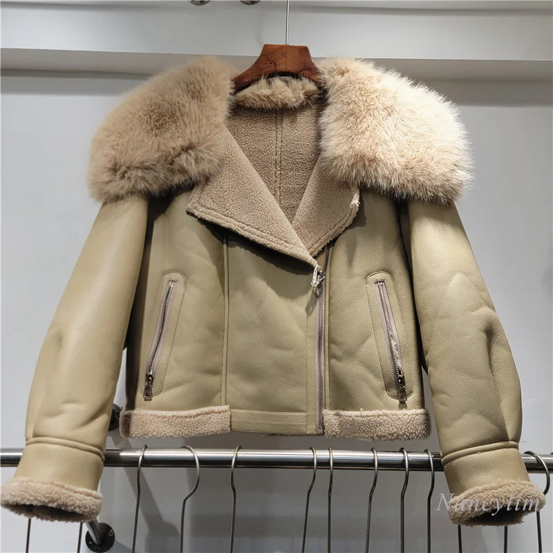 2024 Fall Winter New Environmentally Friendly Fur Integrated Lamb Wool Jacket Women's Short Locomotive Jacket Pu Leather Coats