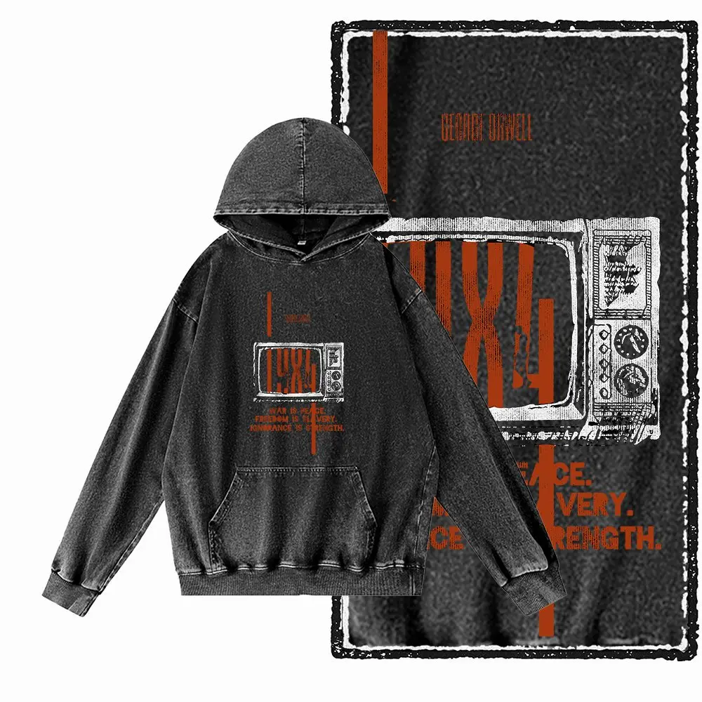 G02 حمض غسلها القطن الأسود حجم كبير 1984 جرافيك الرجال هوديس |    سترة بغطاء للرأس للرجال برقبة دائرية رائعة من Streetwear