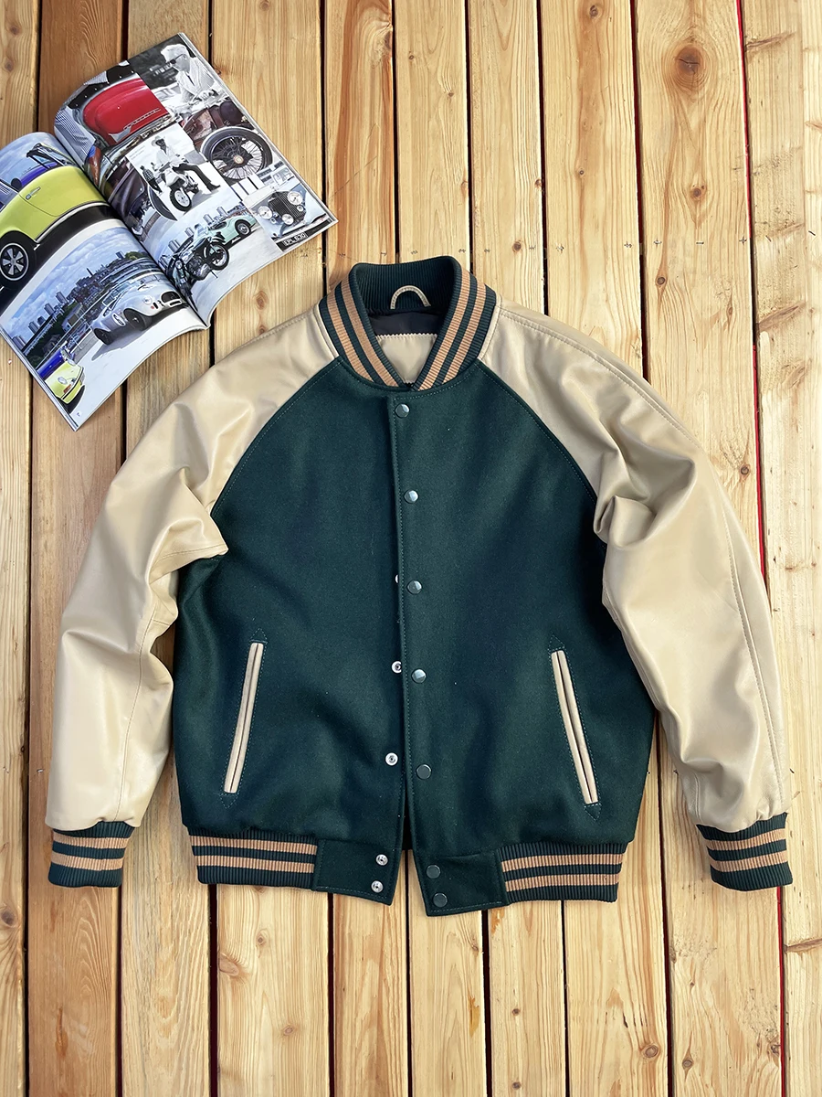 

Мужская бейсбольная куртка из премиальной овчины, свободного кроя, в стиле ретро, с добавлением шерсти, молодежная повседневная зимняя верхняя одежда