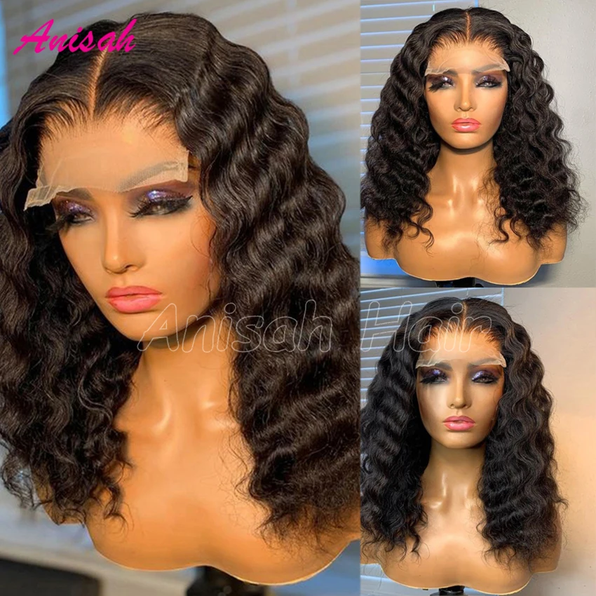 

Transparent Short Bob Deep Wave Lace Front Human Hair Wigs Lace Frontal Glueless Ready To Wear Lace Closure Wig for Women