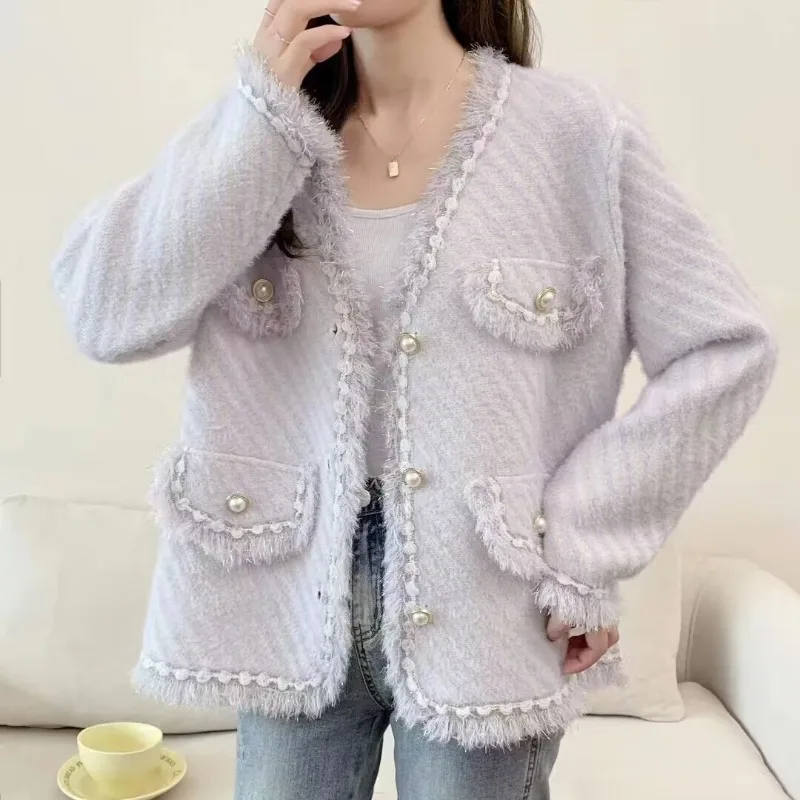 Imitation Mink Fleece Knitted Cardigan Women 2023 Autumn/Winter Long Sleeve Fragrance Coat Temperament Versatile Tassel Female