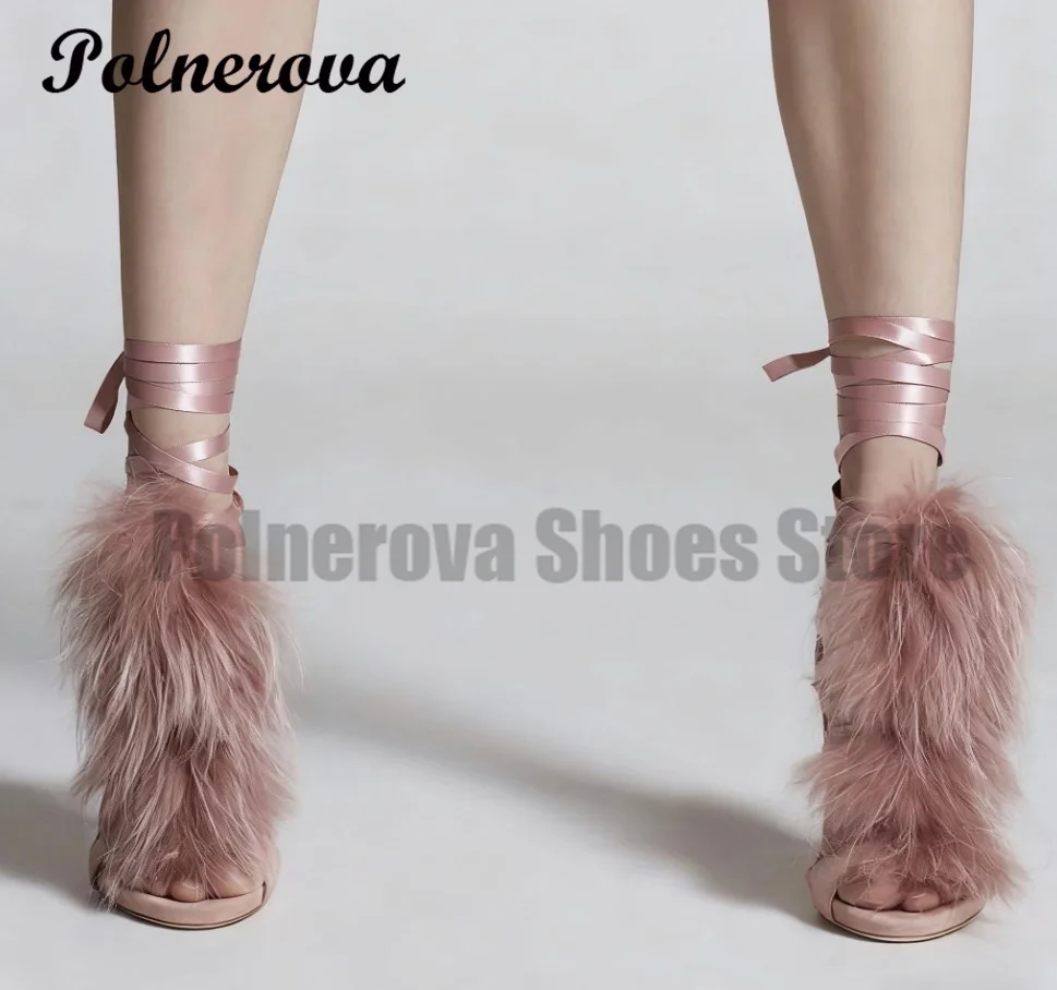 

Furry Strappy Lace-Up Sandals Peep Toe Stiletto Heel Ankle Strap Elegant Pumps Novelty Designer Ladies Zapatos Para Mujere