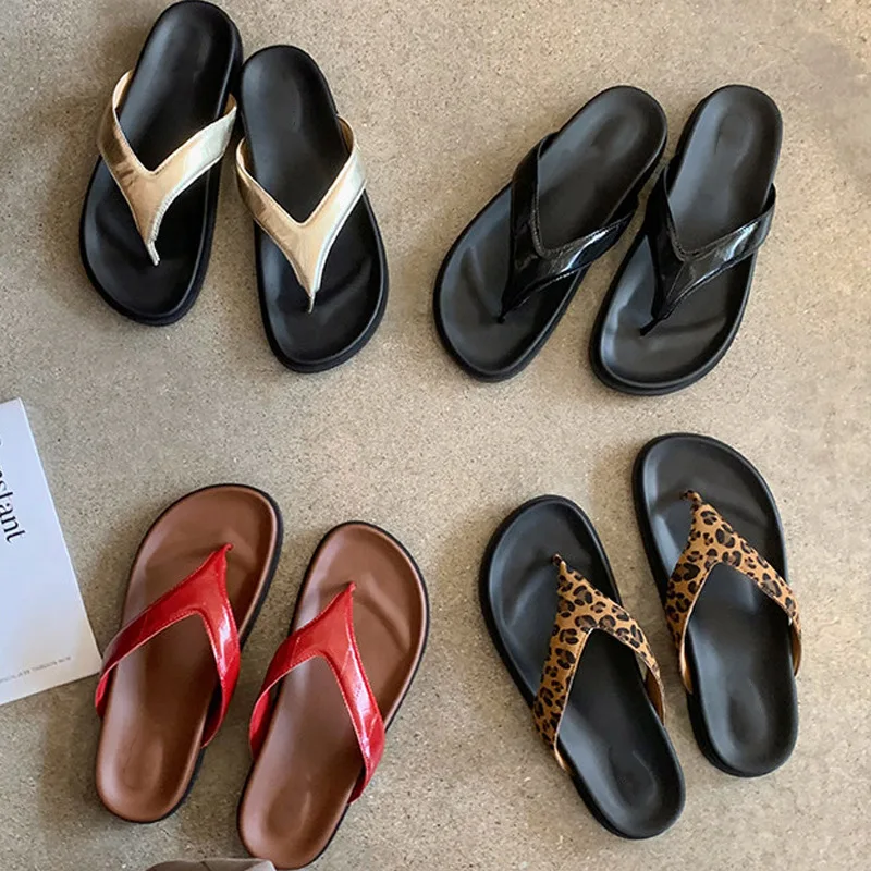 3Cm thick bottom summer leather surface toe leopard print casual beach herringbone cool slippers women