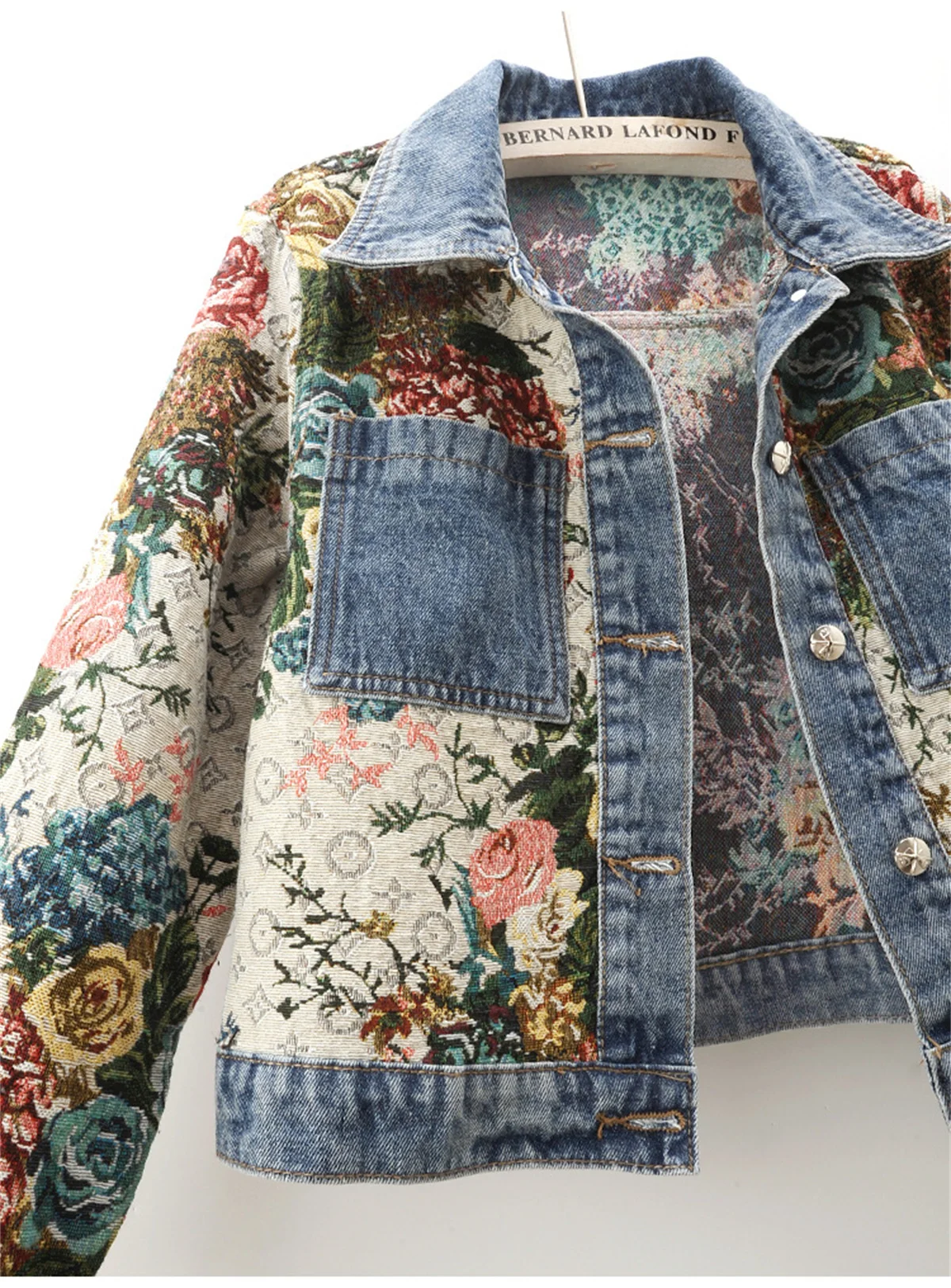 Printed Patchwork Lapel Denim Coat Women Long Sleeve Spring Autumn Jacket Fashion Vintage Short Outerwears Single Breasted Coats